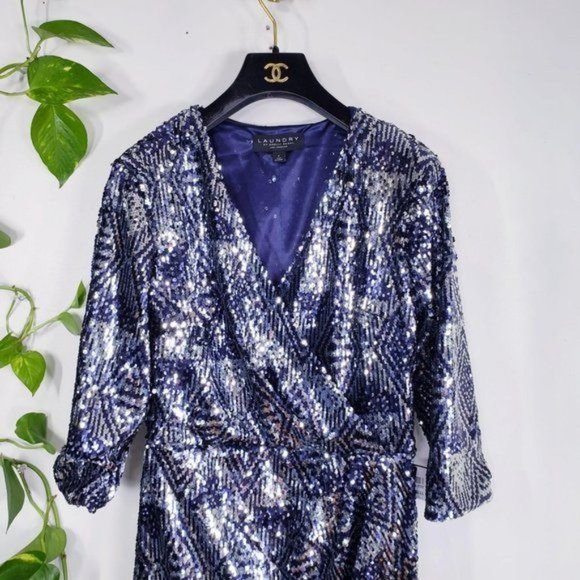 Sequin Wrap Dress Womens 2‎ XS Navy Diamond Sparkle Cocktail Mini LAUNDRY NEW - Picture 6 of 12